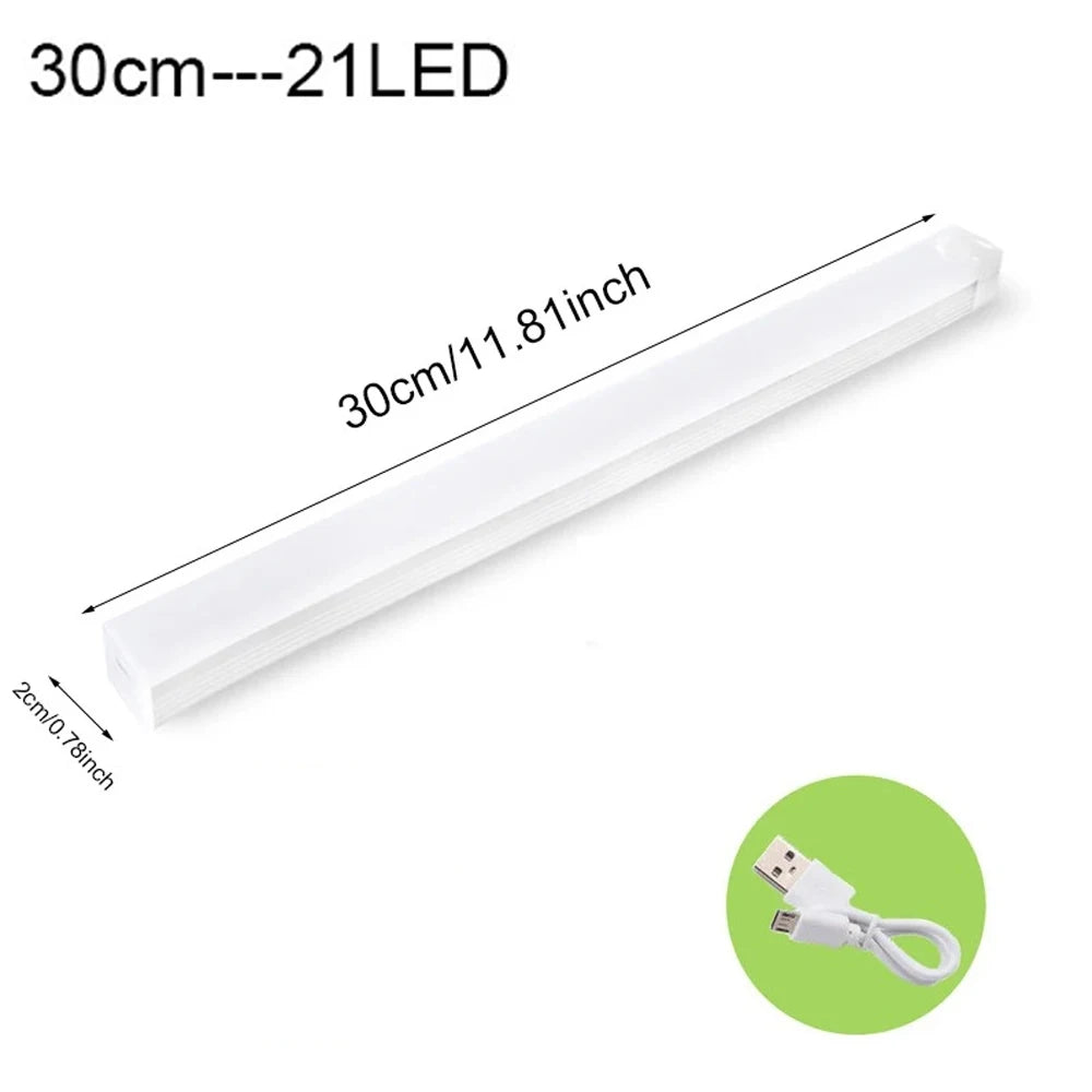 Motion Sensor Wireless LED Night Light USB Rechargeable Long Strip Bar Lamp for Kitchen Cabinet Aisle Tube Bedside Detector Bulb