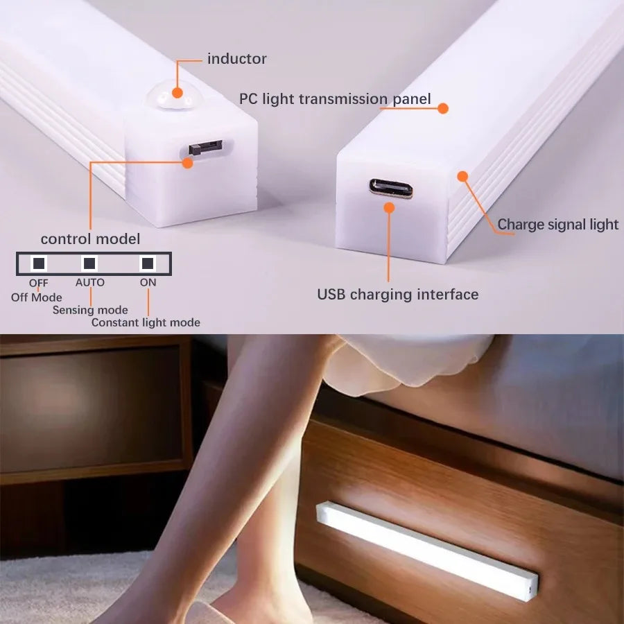 Motion Sensor Wireless LED Night Light USB Rechargeable Long Strip Bar Lamp for Kitchen Cabinet Aisle Tube Bedside Detector Bulb
