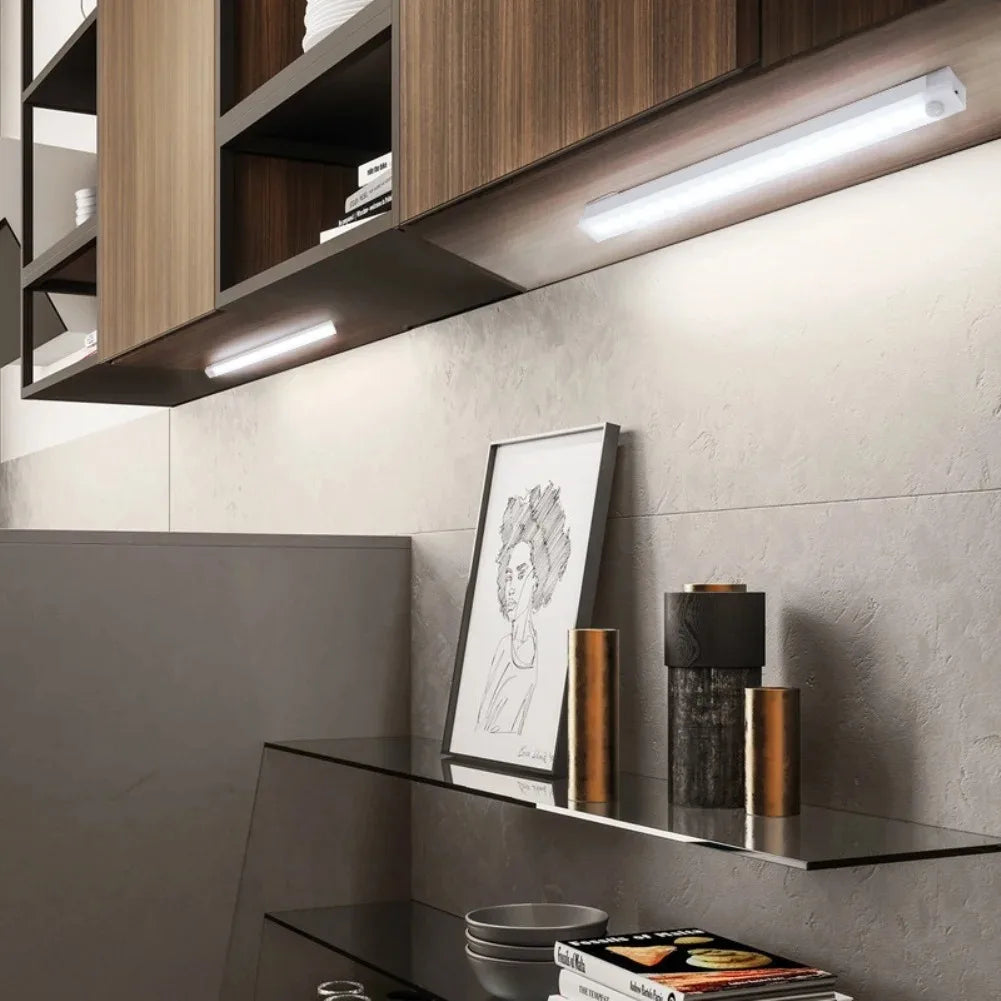 Motion Sensor Wireless LED Night Light USB Rechargeable Long Strip Bar Lamp for Kitchen Cabinet Aisle Tube Bedside Detector Bulb