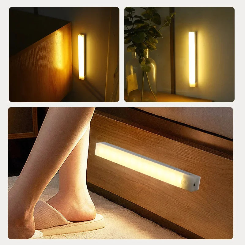 Motion Sensor Wireless LED Night Light USB Rechargeable Long Strip Bar Lamp for Kitchen Cabinet Aisle Tube Bedside Detector Bulb