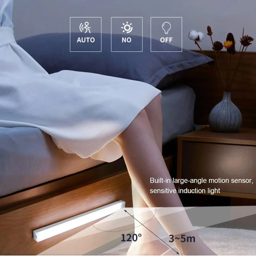 Motion Sensor Wireless LED Night Light USB Rechargeable Long Strip Bar Lamp for Kitchen Cabinet Aisle Tube Bedside Detector Bulb