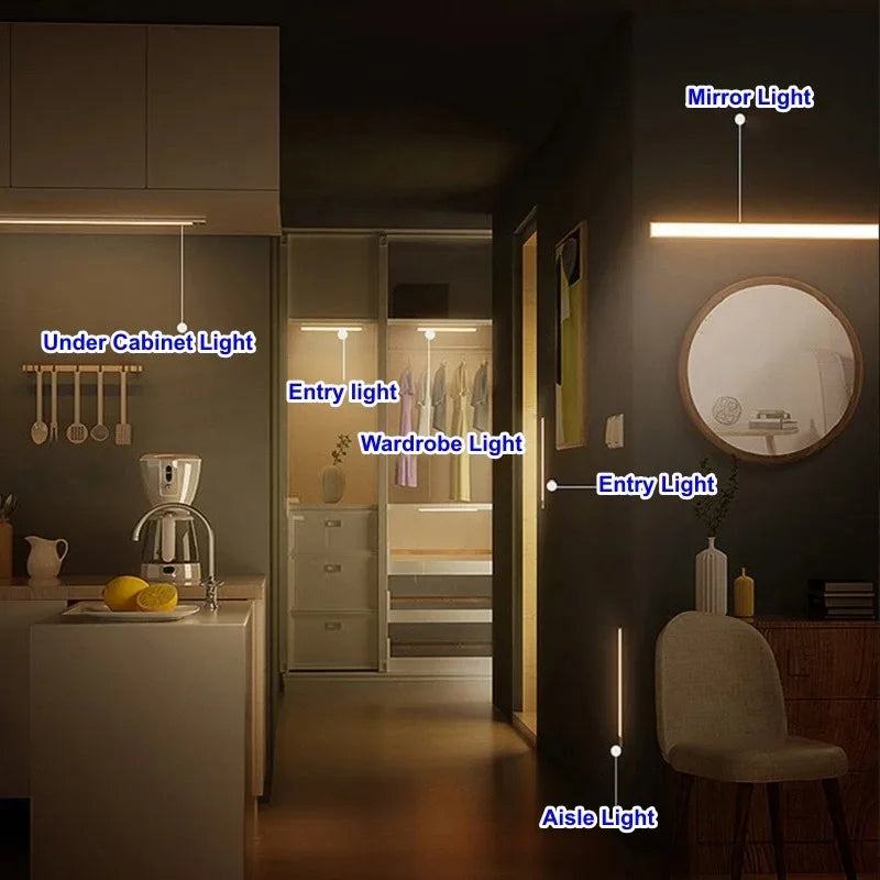 Motion Sensor Wireless LED Night Light USB Rechargeable Long Strip Bar Lamp for Kitchen Cabinet Aisle Tube Bedside Detector Bulb