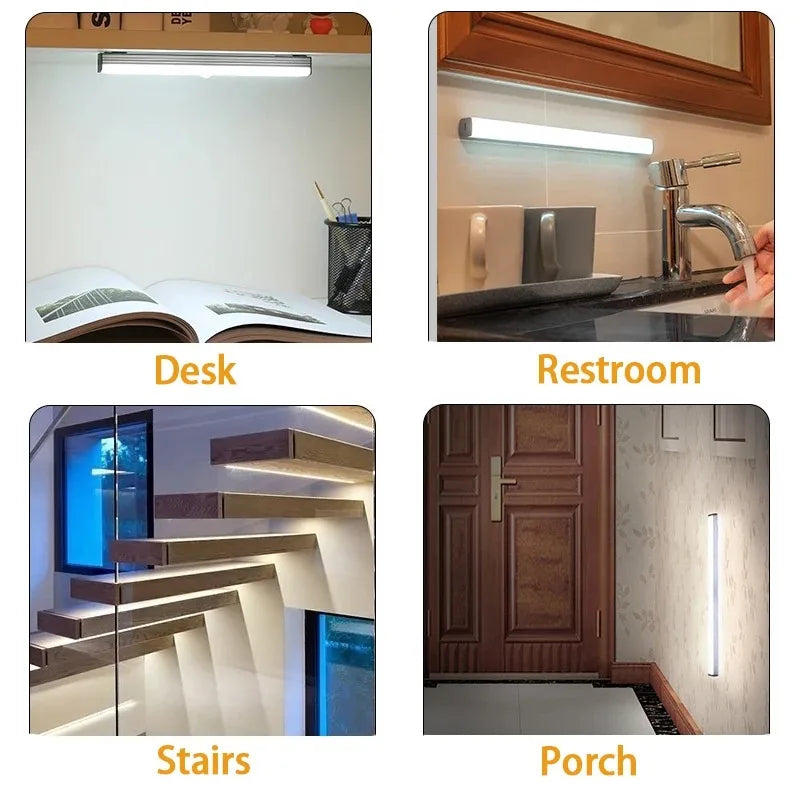 Motion Sensor Wireless LED Night Light USB Rechargeable Long Strip Bar Lamp for Kitchen Cabinet Aisle Tube Bedside Detector Bulb