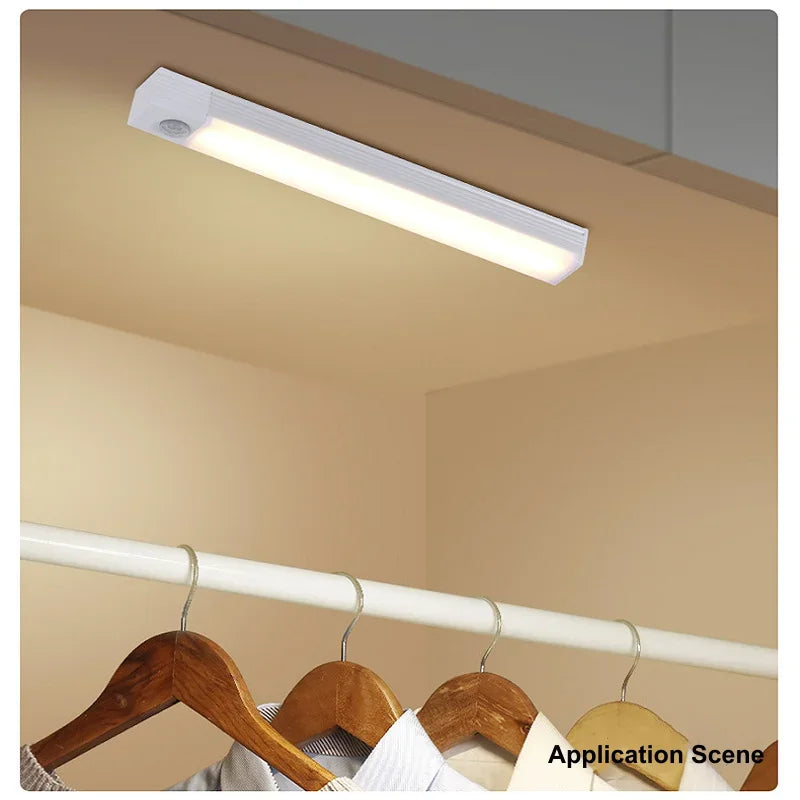 Motion Sensor Wireless LED Night Light USB Rechargeable Long Strip Bar Lamp for Kitchen Cabinet Aisle Tube Bedside Detector Bulb