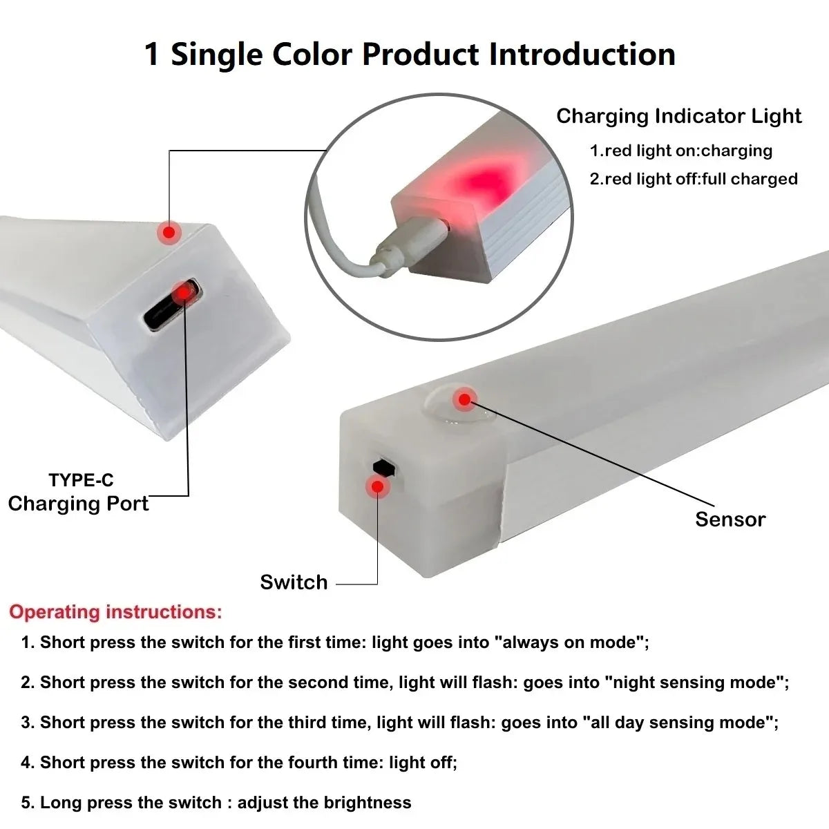Motion Sensor Wireless LED Night Light USB Rechargeable Long Strip Bar Lamp for Kitchen Cabinet Aisle Tube Bedside Detector Bulb