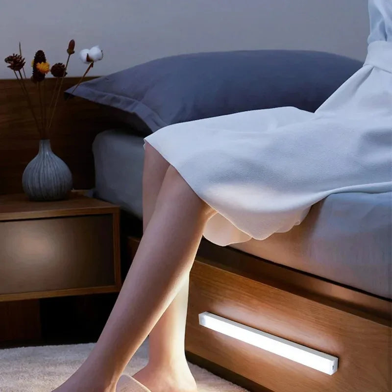 Motion Sensor Wireless LED Night Light USB Rechargeable Long Strip Bar Lamp for Kitchen Cabinet Aisle Tube Bedside Detector Bulb